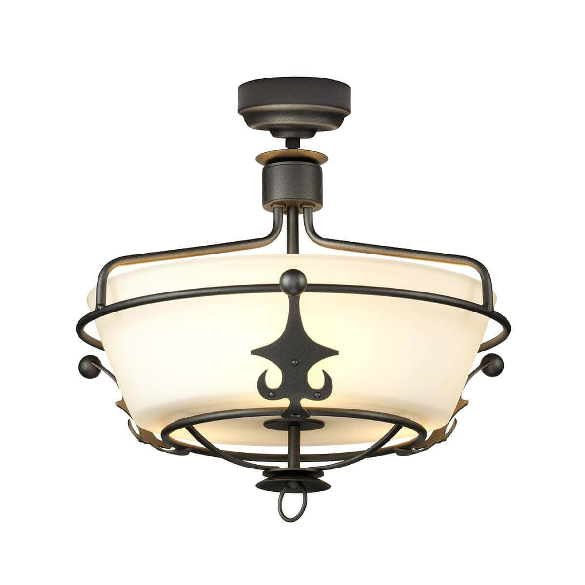 Vue de face du luminaire en métal anthracite avec diffuseur en verre blanc.