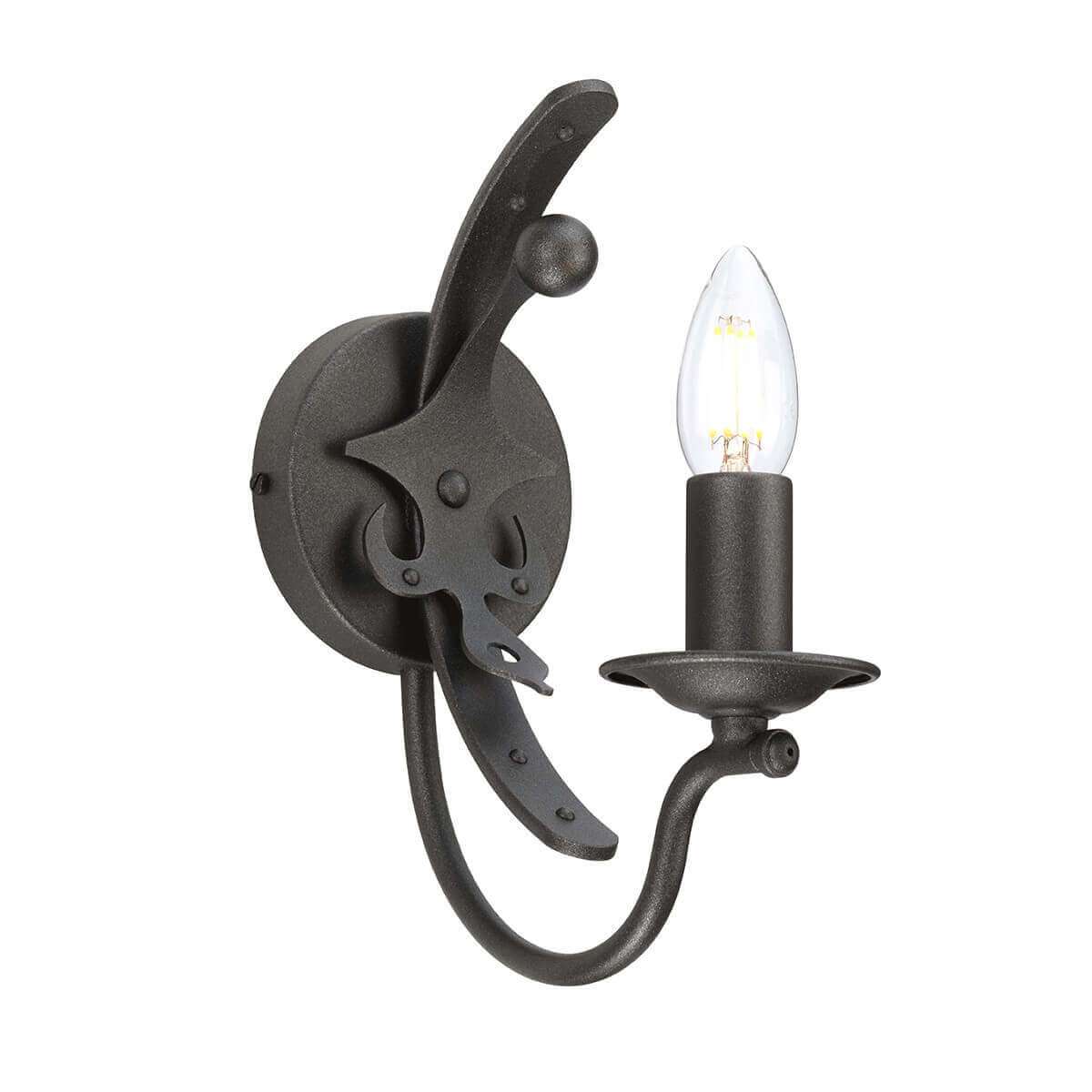 Applique murale en métal anthracite de face avec ampoule flamme allumée
