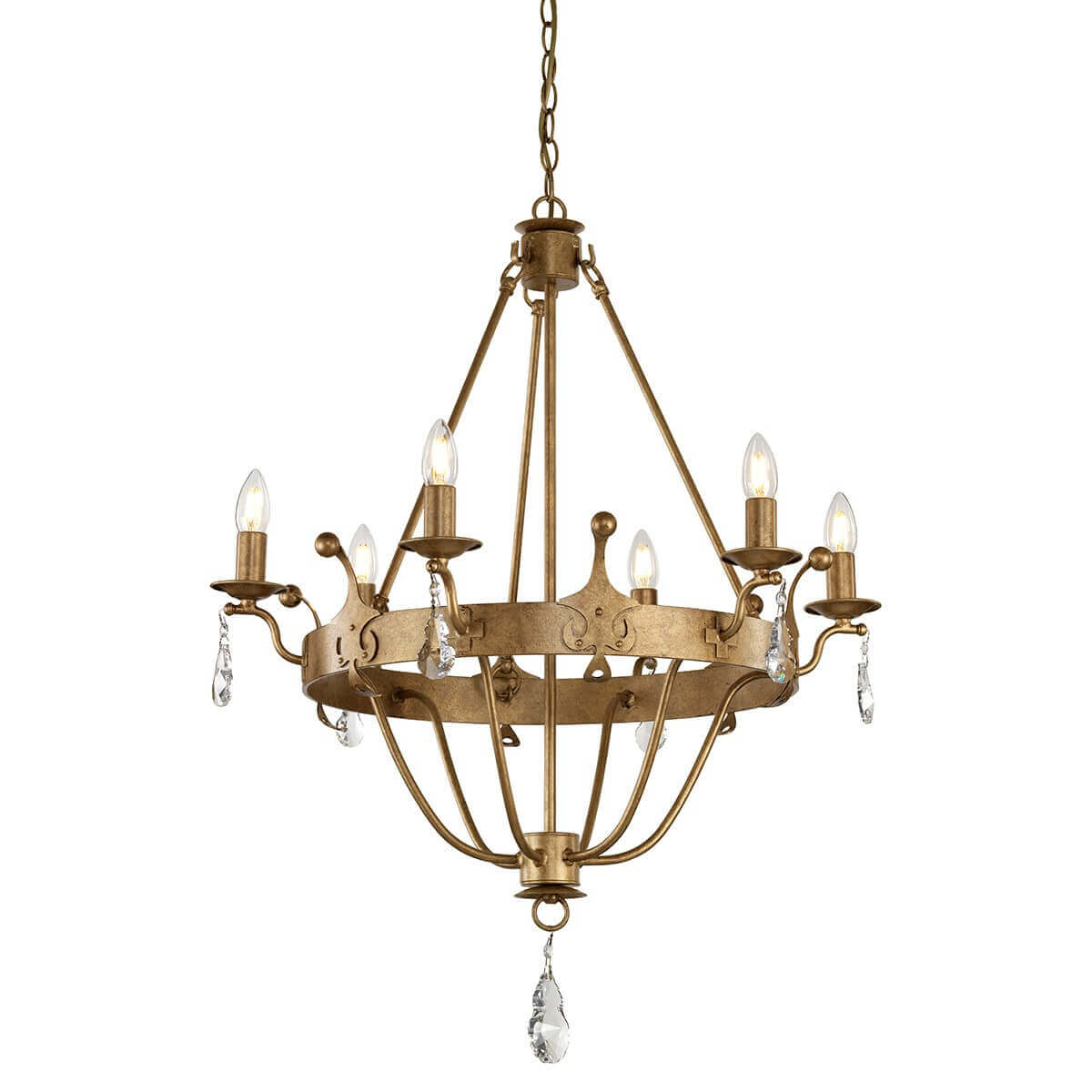 Lustre doré six lumières vu de face, sans abat-jour, avec pampilles en cristal.