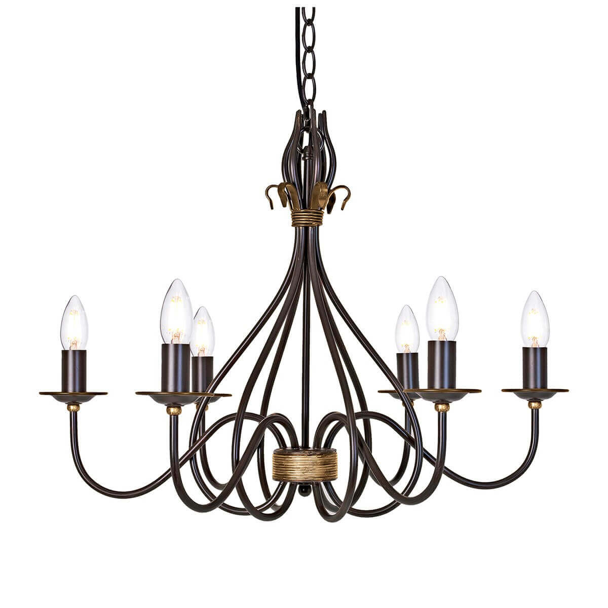 Lustre six lumières de face sur fond blanc, bras courbés en métal rouille et doré