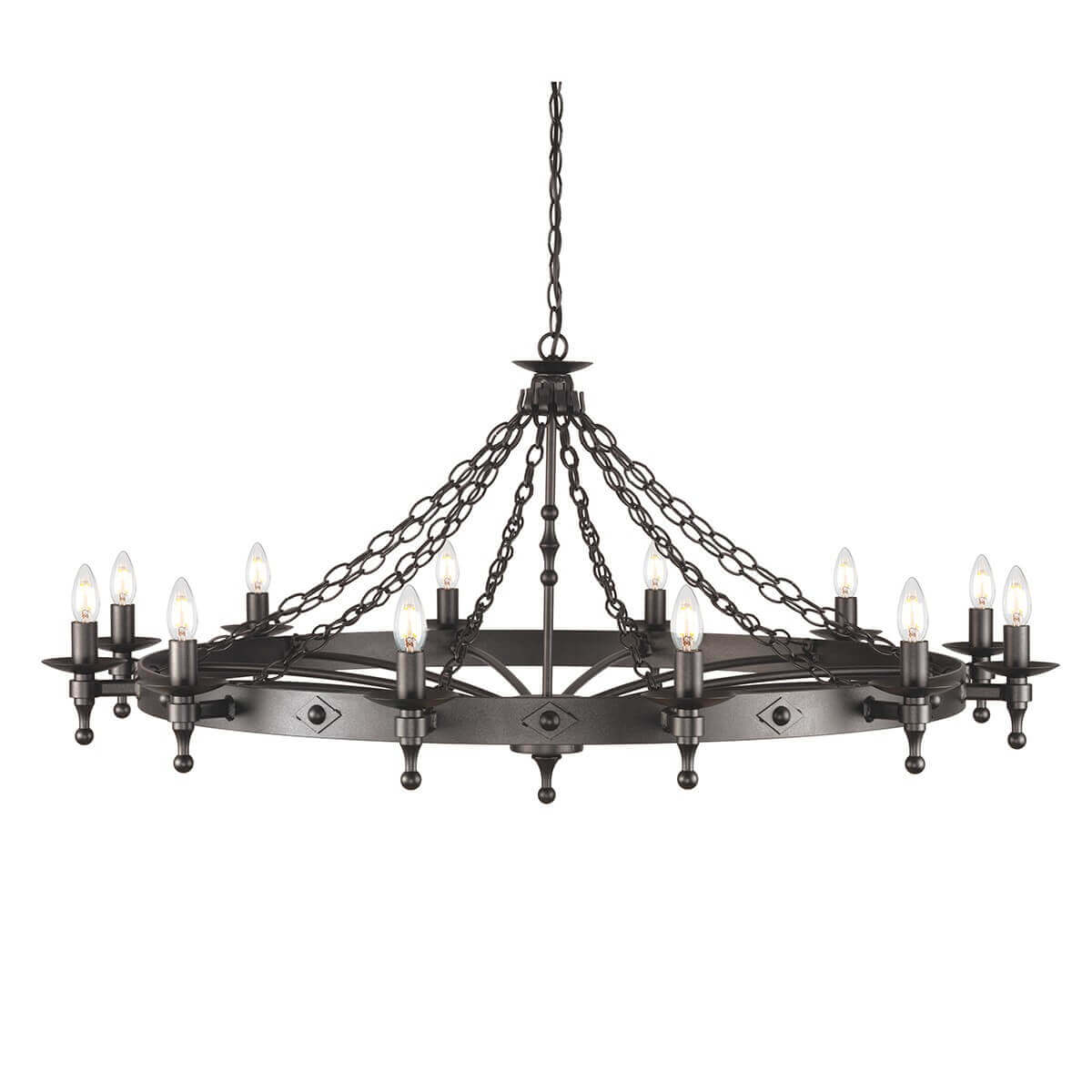 Lustre complet vu de face, douze ampoules allumées sur la couronne circulaire en métal noir.