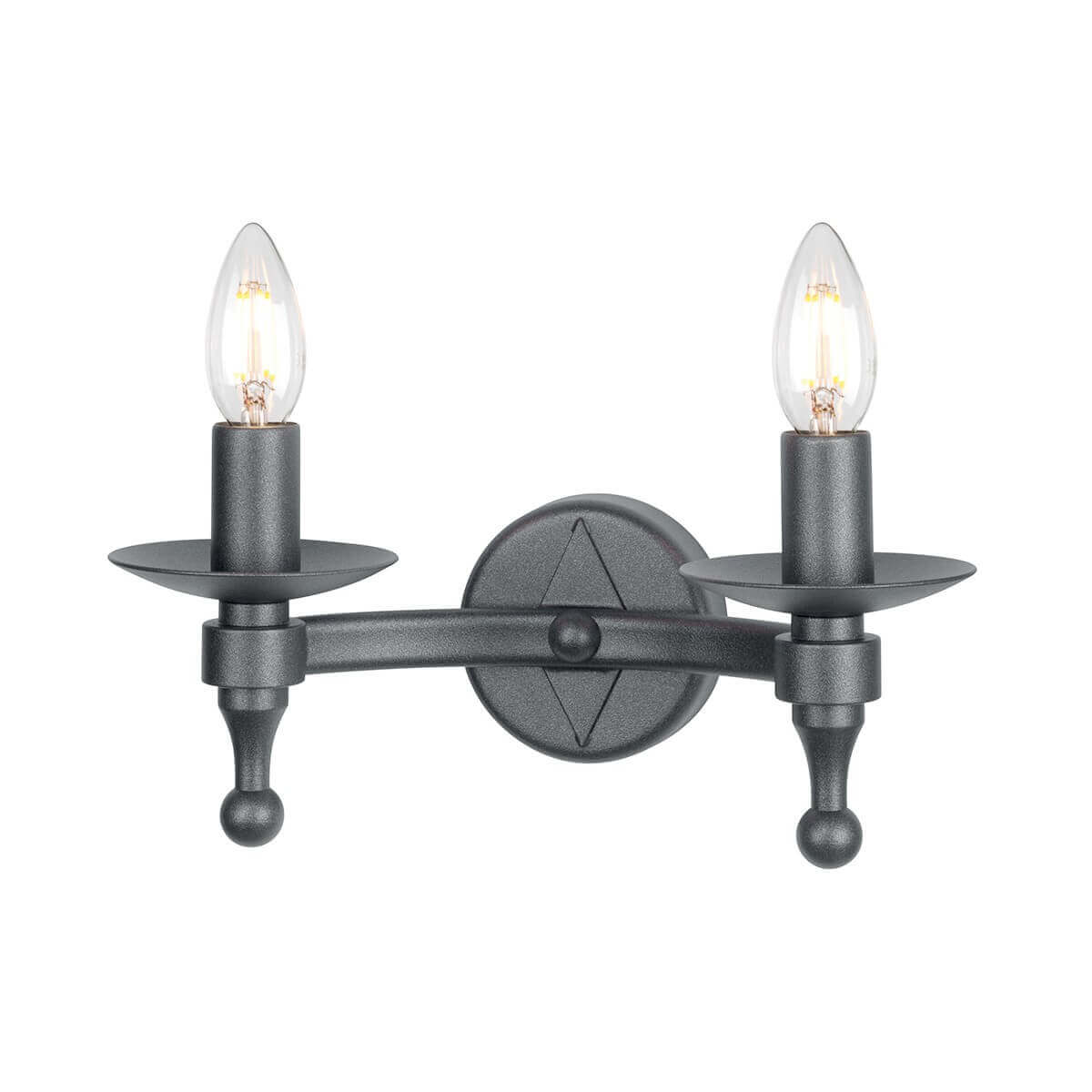 Applique murale anthracite à deux bras, ampoules bougies, vue de face sur fond blanc
