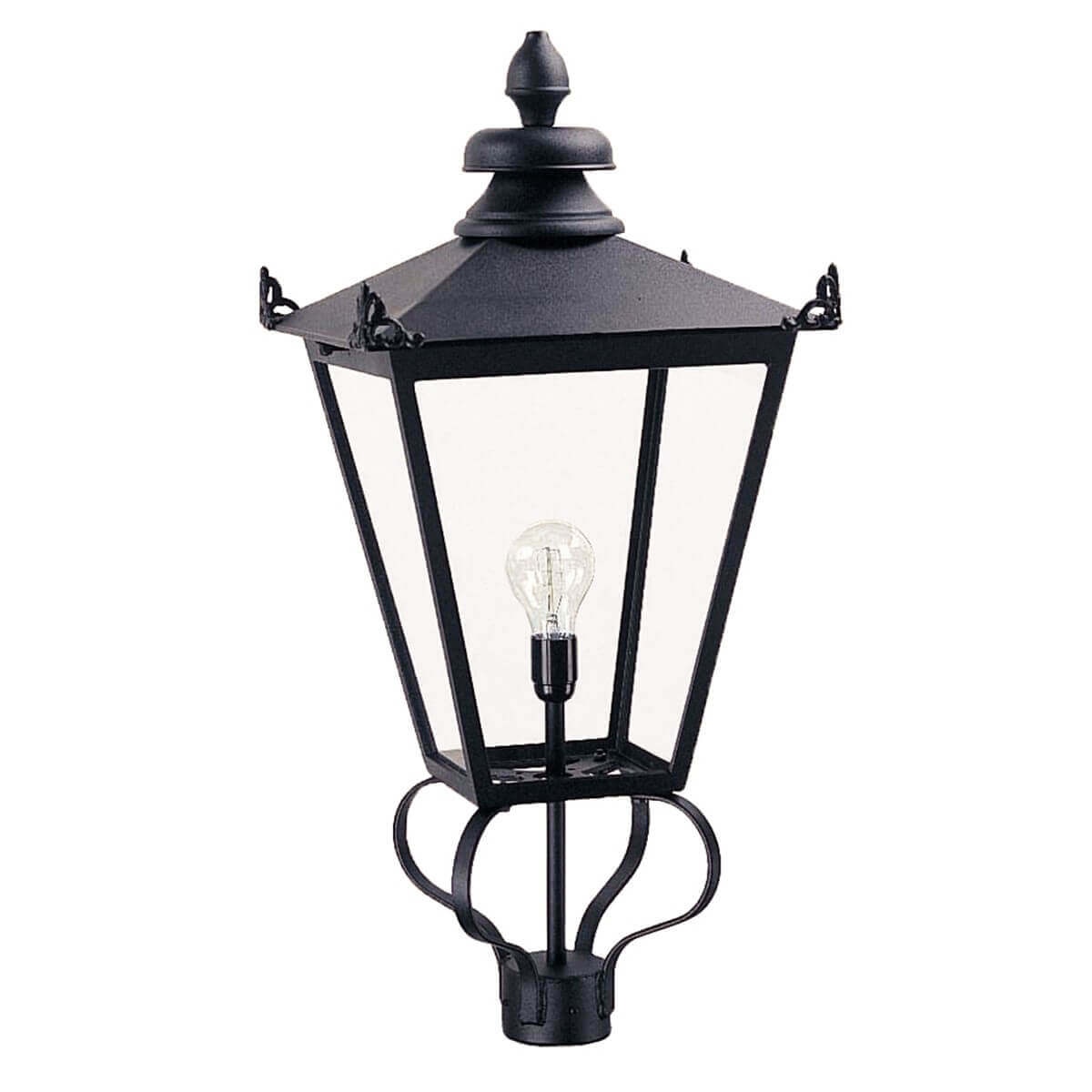 Lampadaire extérieur noir en métal et verre, vue de face sur fond blanc.