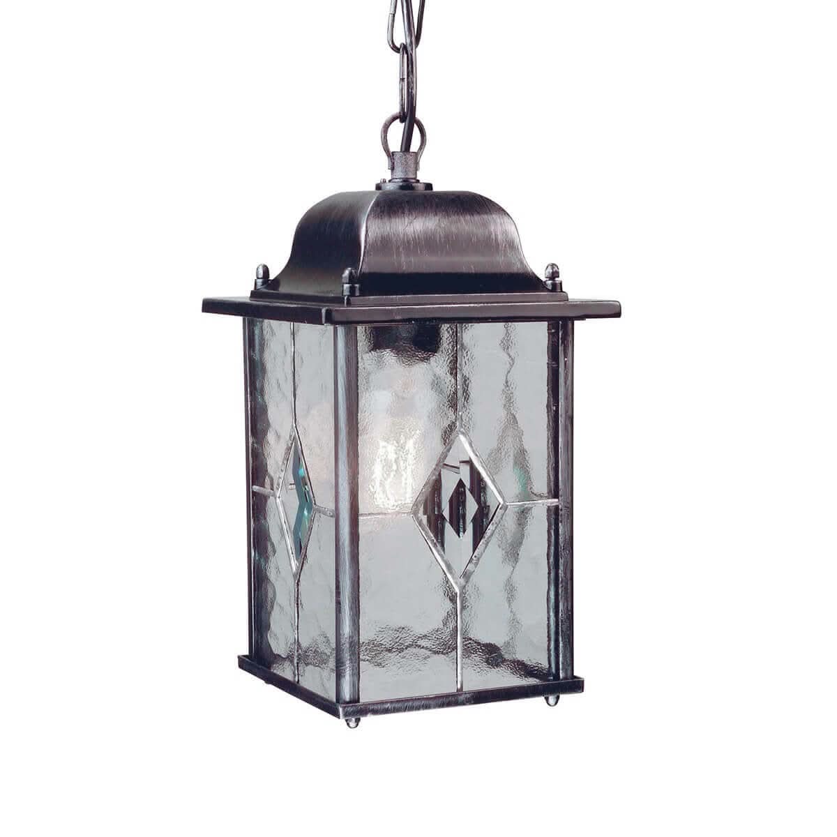 Suspension lanterne carrée en métal noir et argenté avec verre martelé, vue de face
