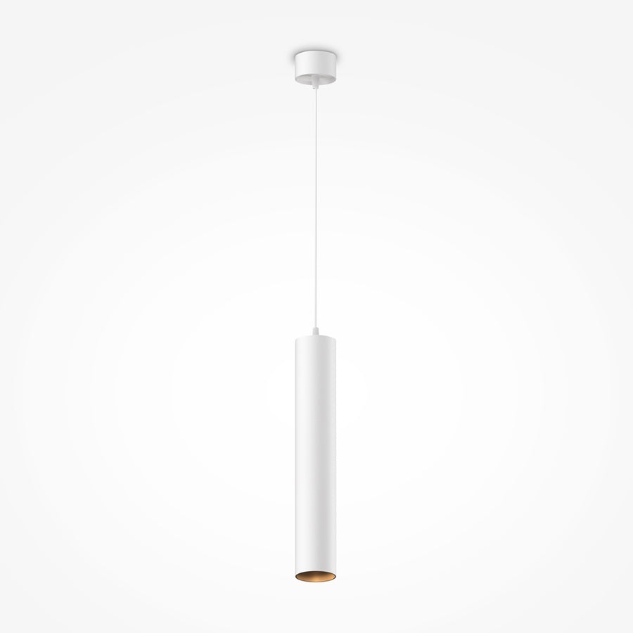 Luminaire suspendu blanc de face, long tube vertical sur fond clair