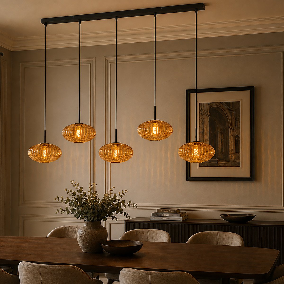 Suspension verre ambré nervuré, 5 verres sur barre 110 cm | HaloSwap