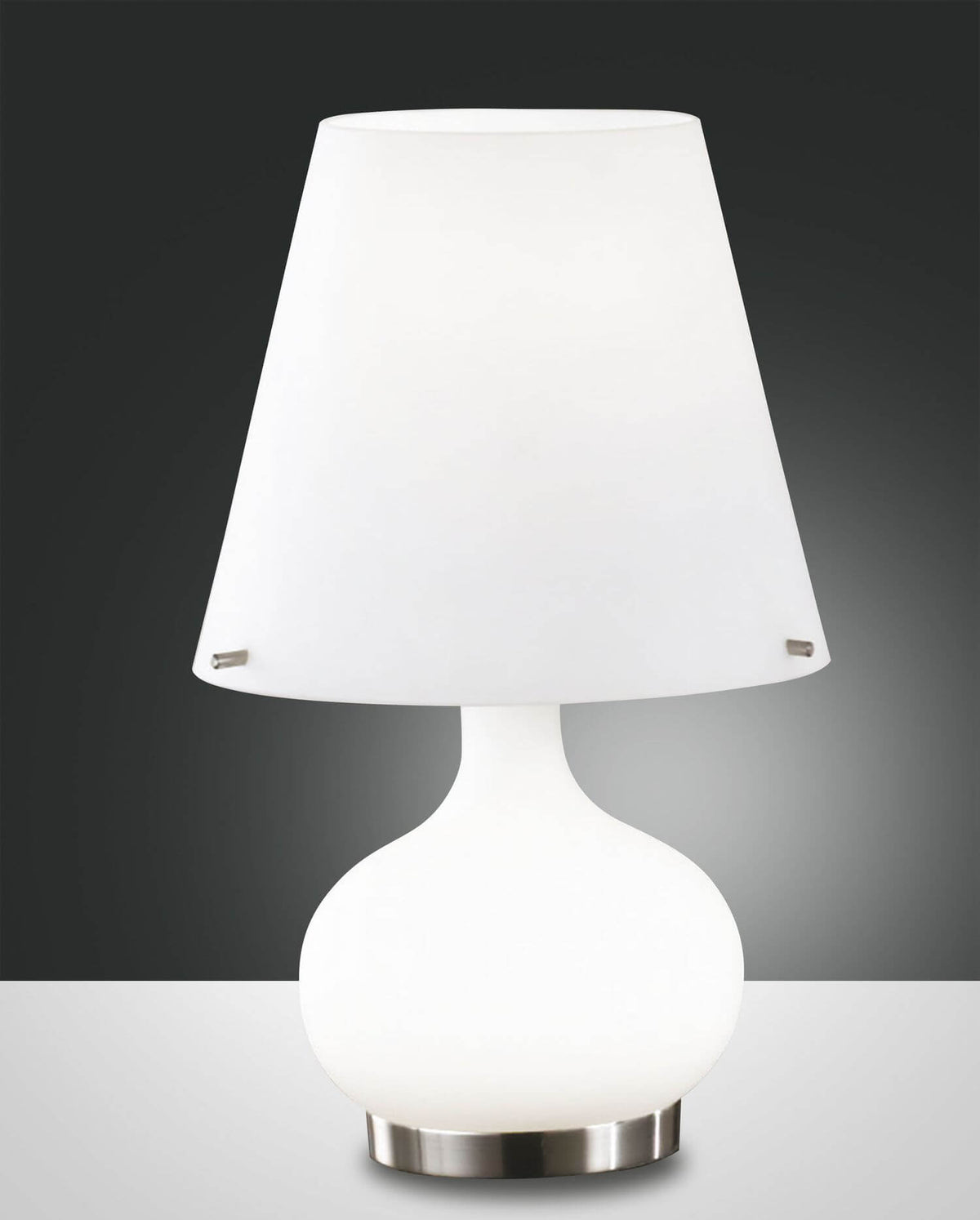 Lampe à poser blanche en verre, vue de face, abat-jour conique et base sphérique