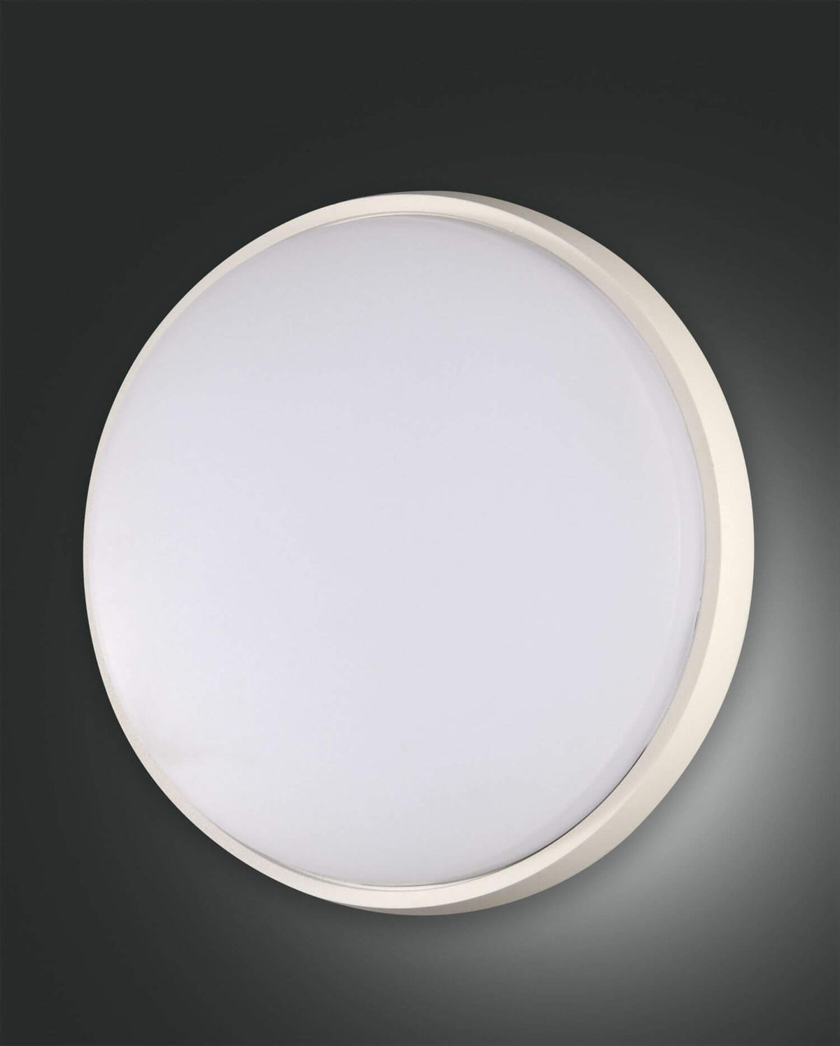Plafonnier rond blanc vu de face, diffuseur opale et cerclage métallique fin sur fond sombre