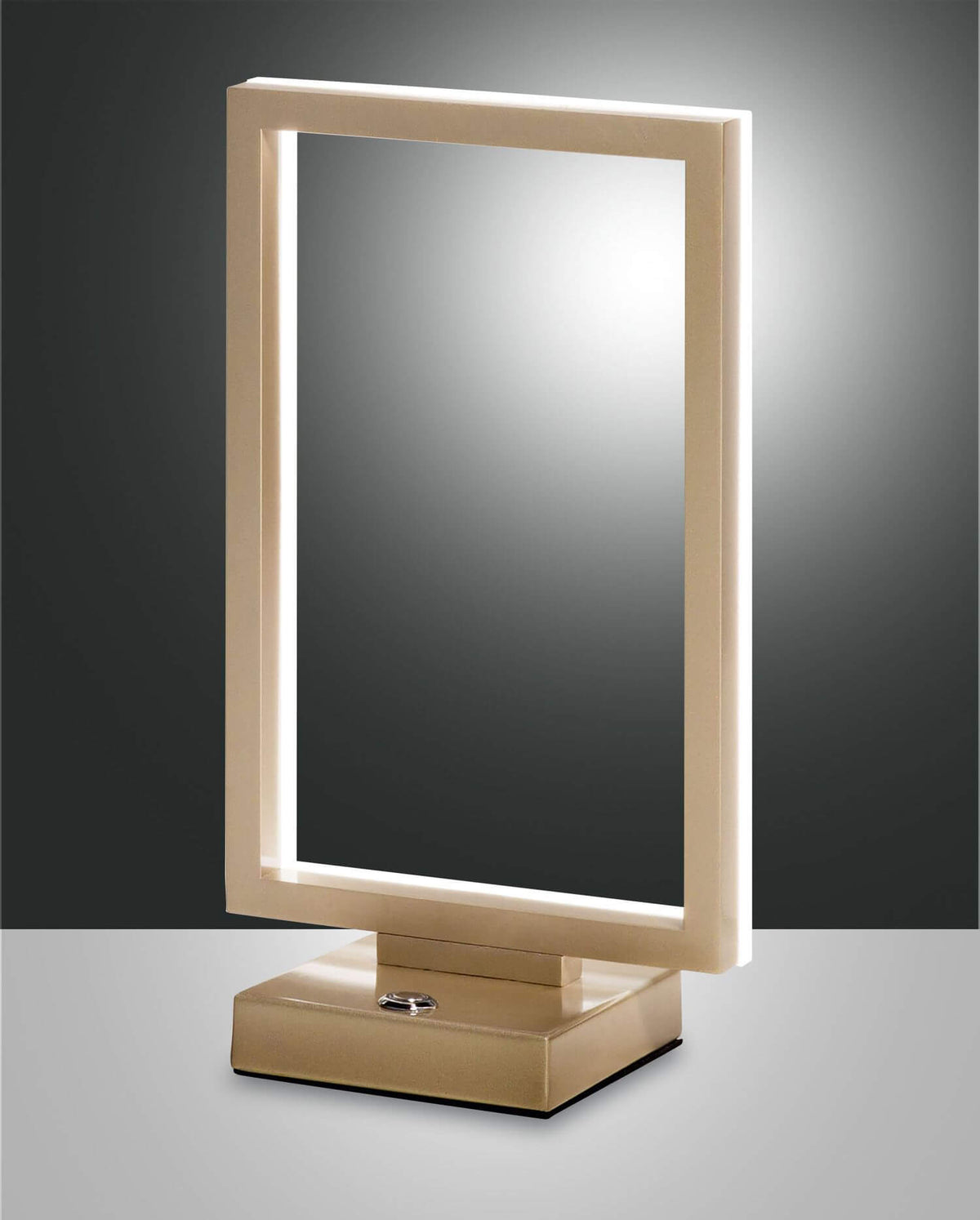 Lampe à poser dorée de face, cadre rectangulaire lumineux sur socle carré