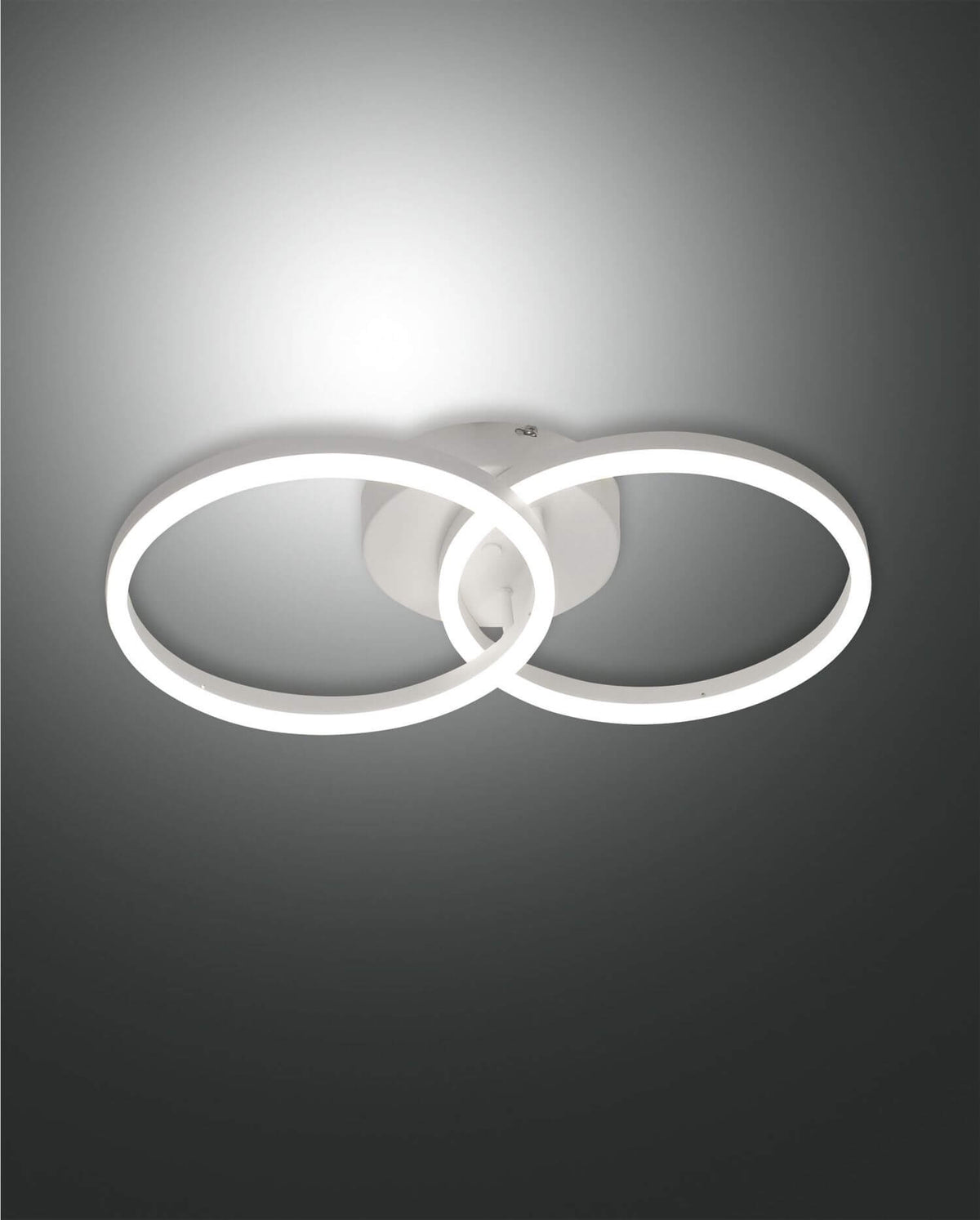 Vue de face de l'applique blanche aux deux anneaux LED entrelacés allumés