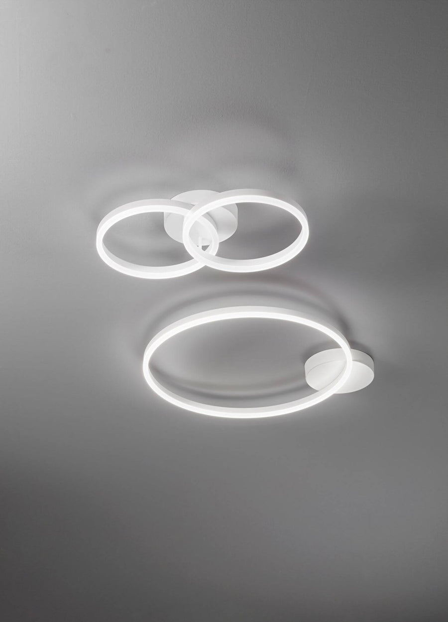 Vue en perspective de deux anneaux lumineux blancs fixés au plafond, avec ombres douces.