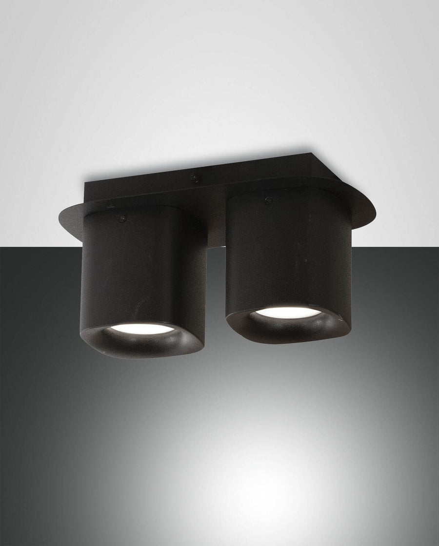 Spot double noir allumé de face sur fond gris, montrant deux cylindres orientables.