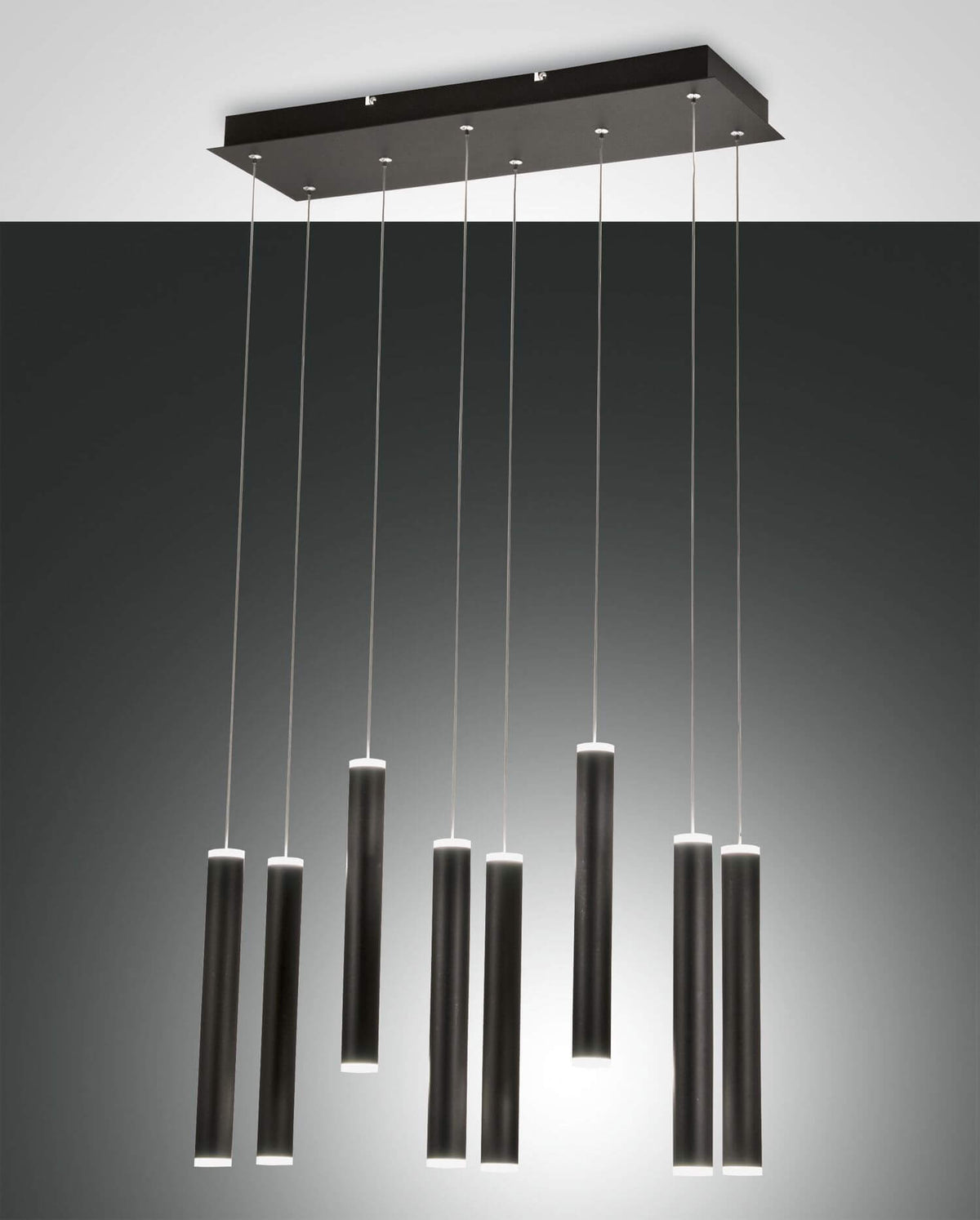 Suspension complète vue de face, huit cylindres noirs suspendus sous un plateau rectangulaire noir