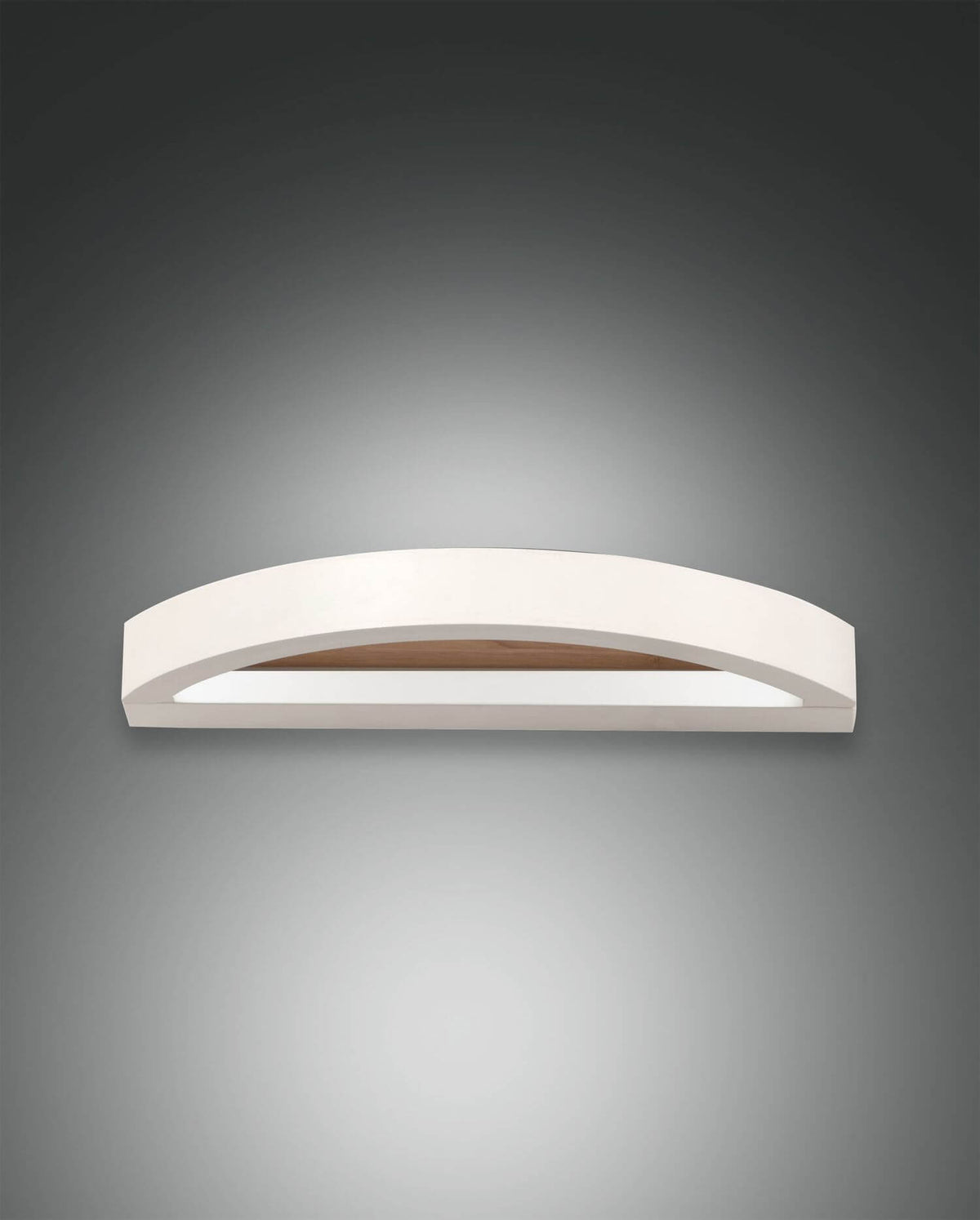 Applique murale blanche de face, formant un arc avec intérieur en bois clair.
