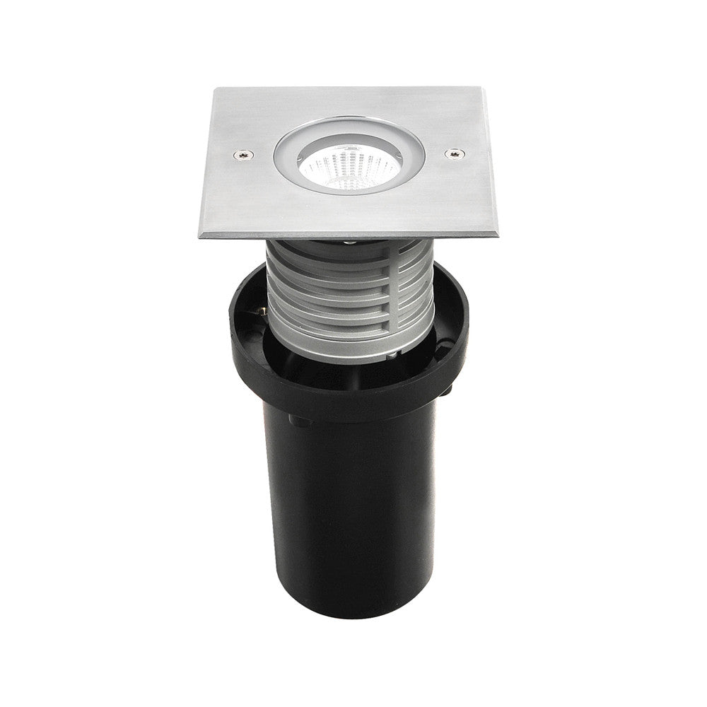 Vue de face sur fond blanc, platine carrée inox et corps noir cylindrique