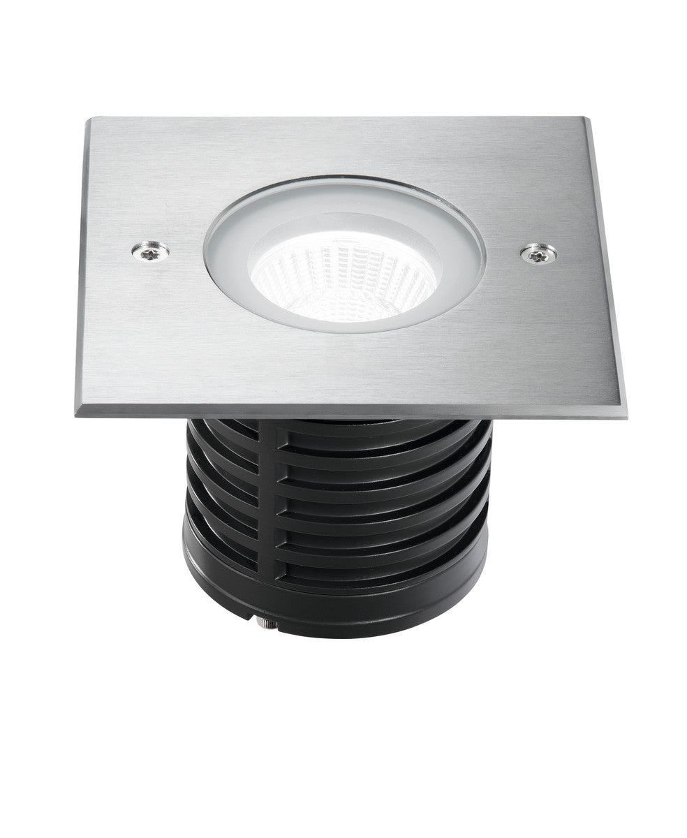 Gros plan sur la platine inox brossé et l'optique LED centrale blanche