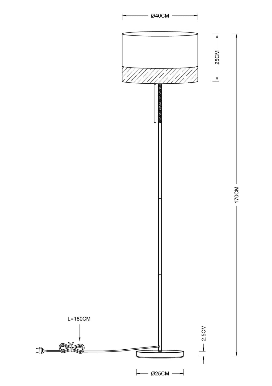 Schéma de dimensions du lampadaire : hauteur 170 cm, abat-jour 40 cm