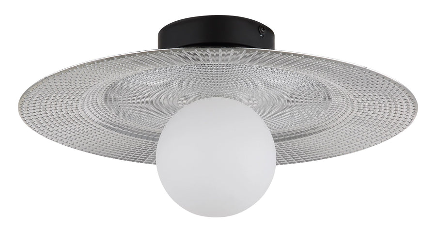 Profil du luminaire, globe blanc opaque et disque strié sous la base noire