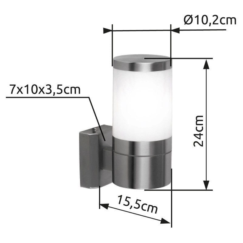 Schéma coté de l'applique extérieure avec hauteur, diamètre et base en centimètres
