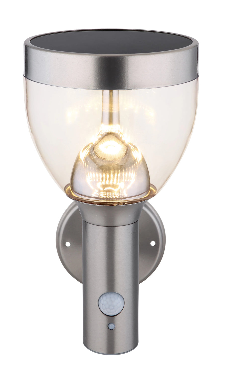 Applique inox de face, lumière chaude et détecteur de mouvement intégré