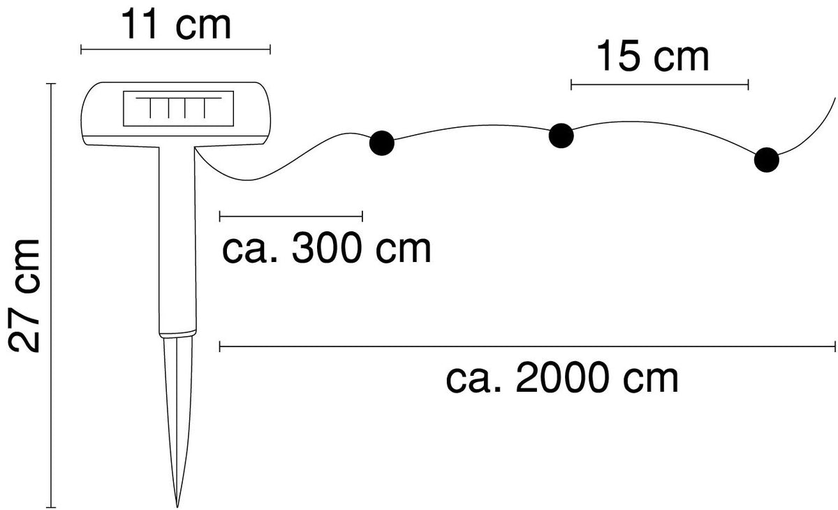 Schéma de dimensions du panneau solaire, du piquet et de la longueur de guirlande