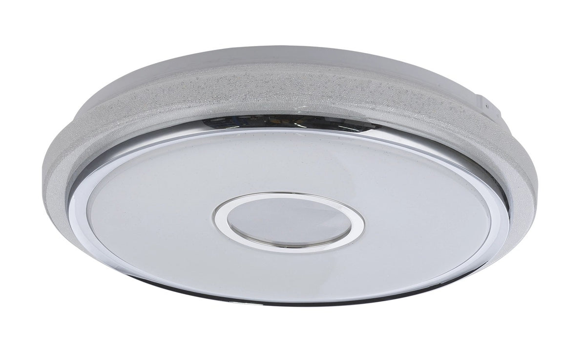 Produit de face en perspective, verre dépoli, cerclage chromé et bord granité gris