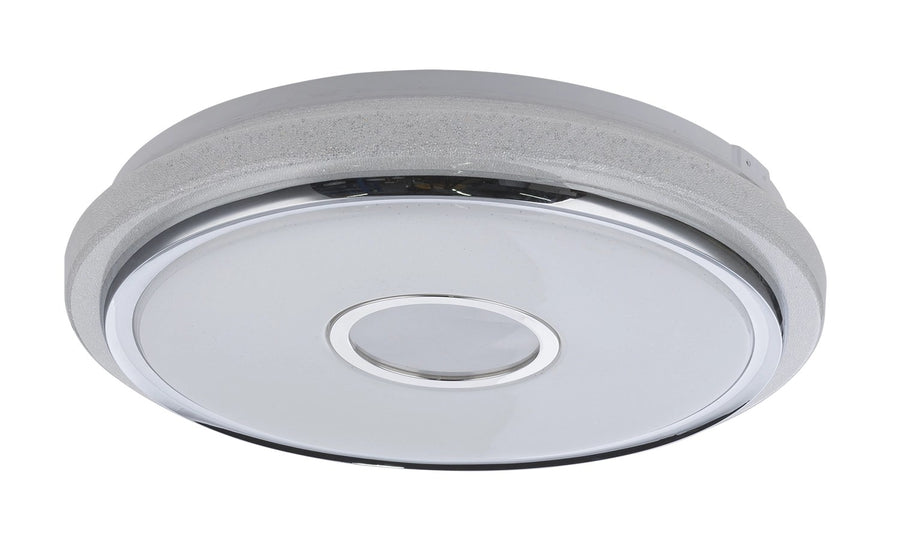 Produit de face en perspective, verre dépoli, cerclage chromé et bord granité gris