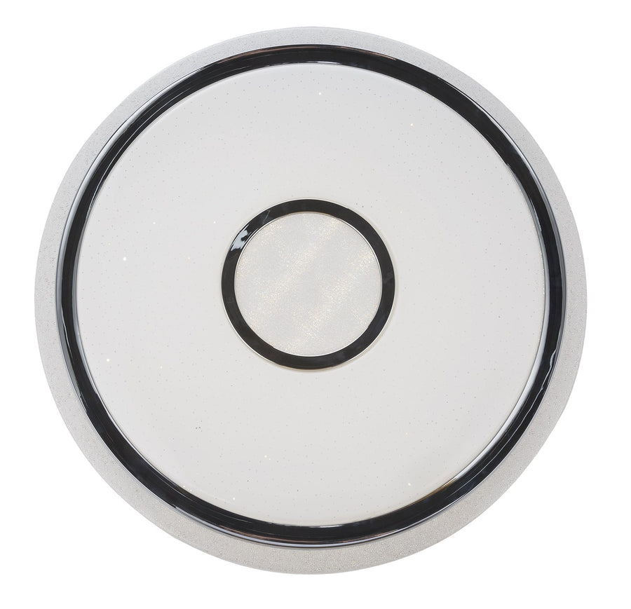 Vue de dessous du luminaire rond, disque blanc et anneau central cerclé