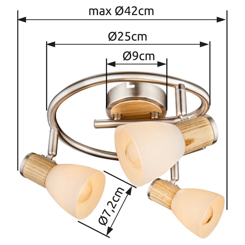 Schéma de dimensions du plafonnier : Ø42 cm, Ø25 cm, Ø9 cm, Ø7,2 cm.