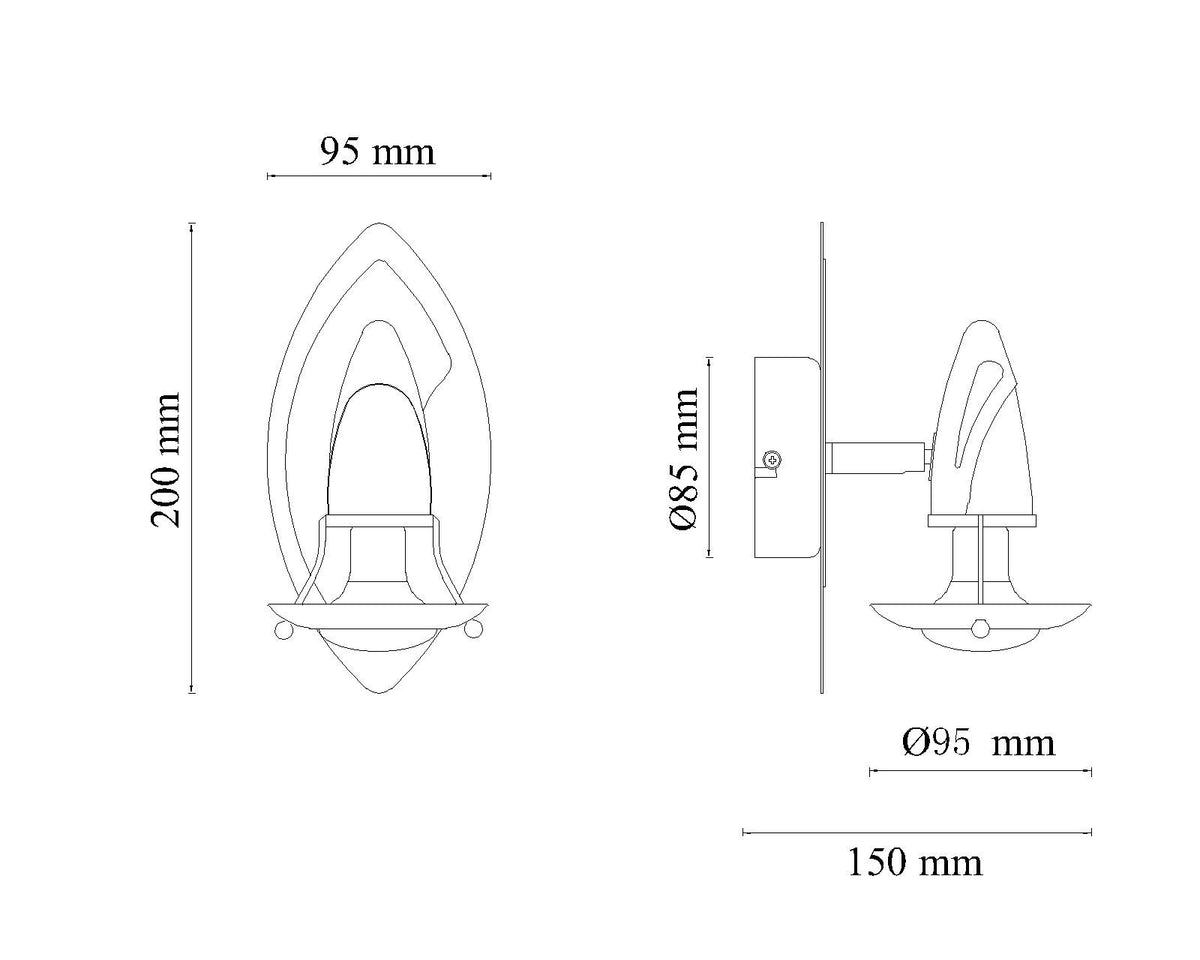 Schéma de dimensions de l'applique murale, avec hauteur et diamètres indiqués en millimètres.