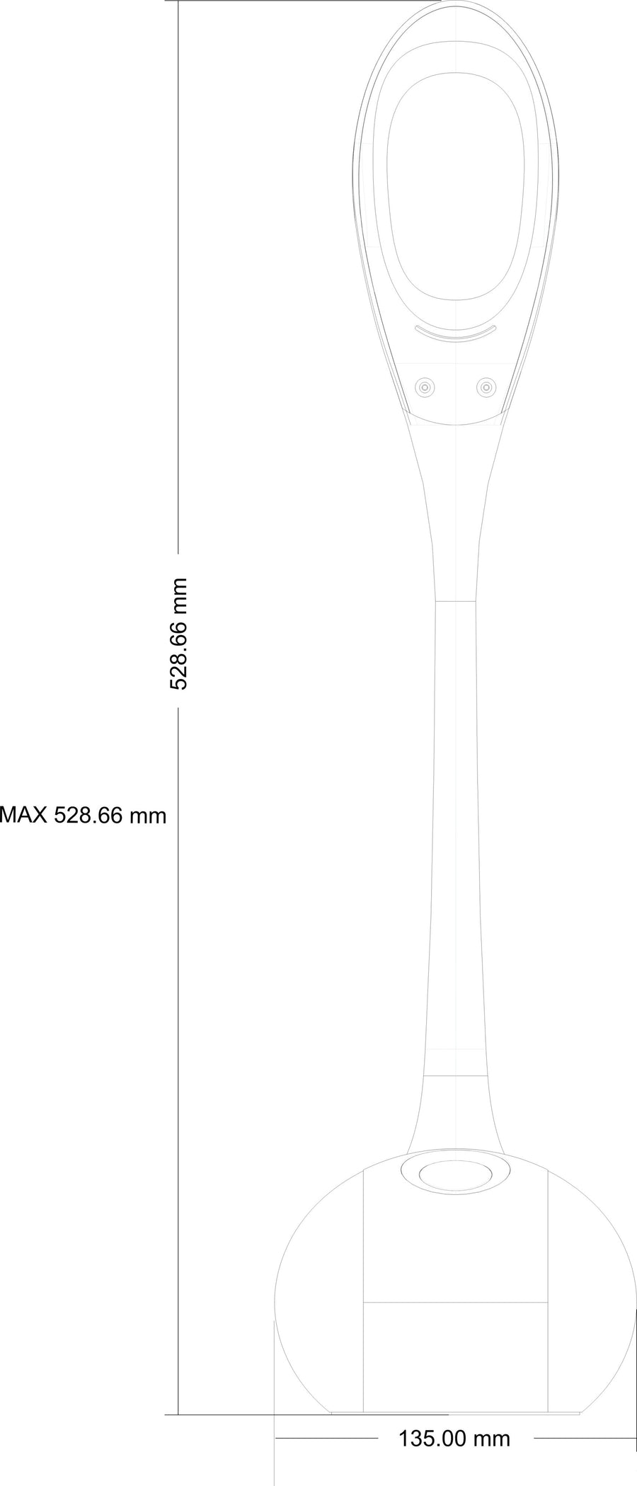 Schéma technique coté indiquant hauteur maximale 528,66 mm et largeur 135 mm