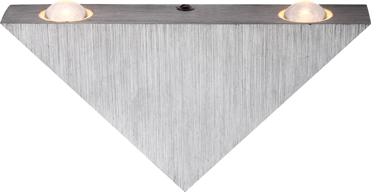 Vue de face du luminaire mural aluminium, soulignant la forme triangulaire et les deux diffuseurs.