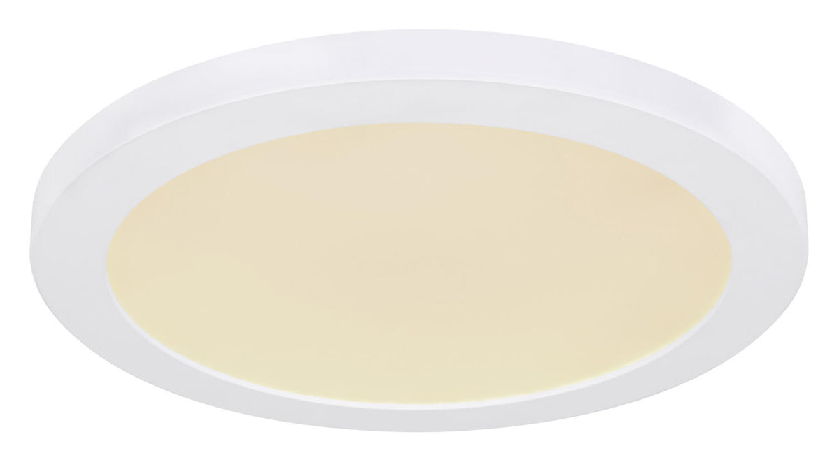 Gros plan sur la collerette blanche et le diffuseur jaune du luminaire
