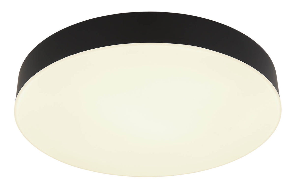 Vue rapprochée du plafonnier noir mat, cerclage épais et vasque blanche satinée