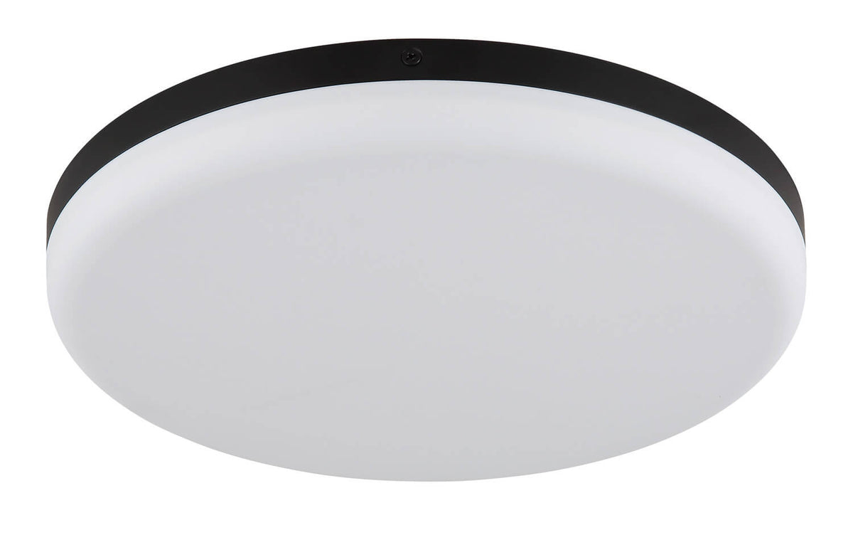 Détail du luminaire éteint, bordure fine noire et vasque en verre dépoli blanc