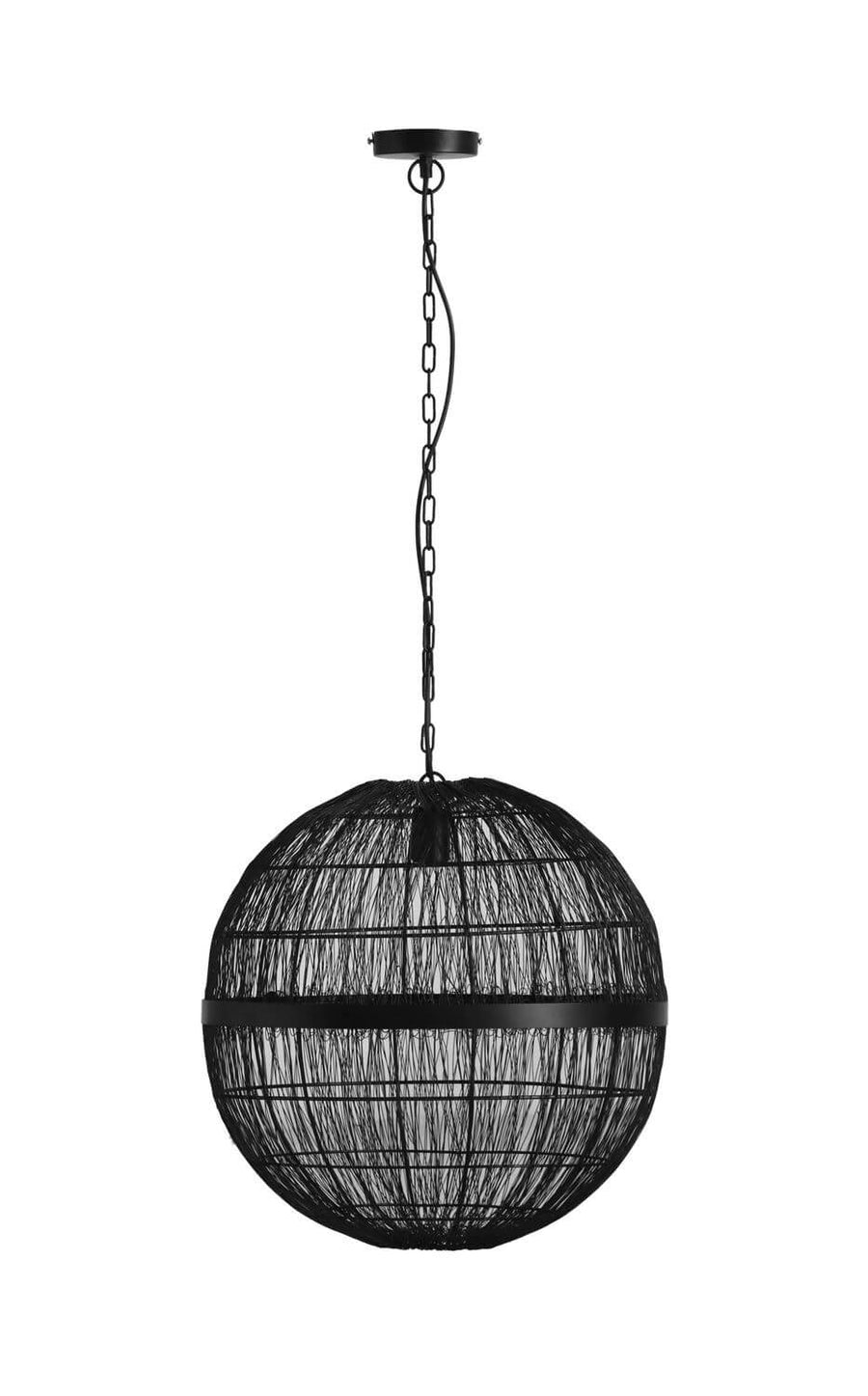 Autre vue de la suspension noire avec sa sphère en fil métallique tressé.