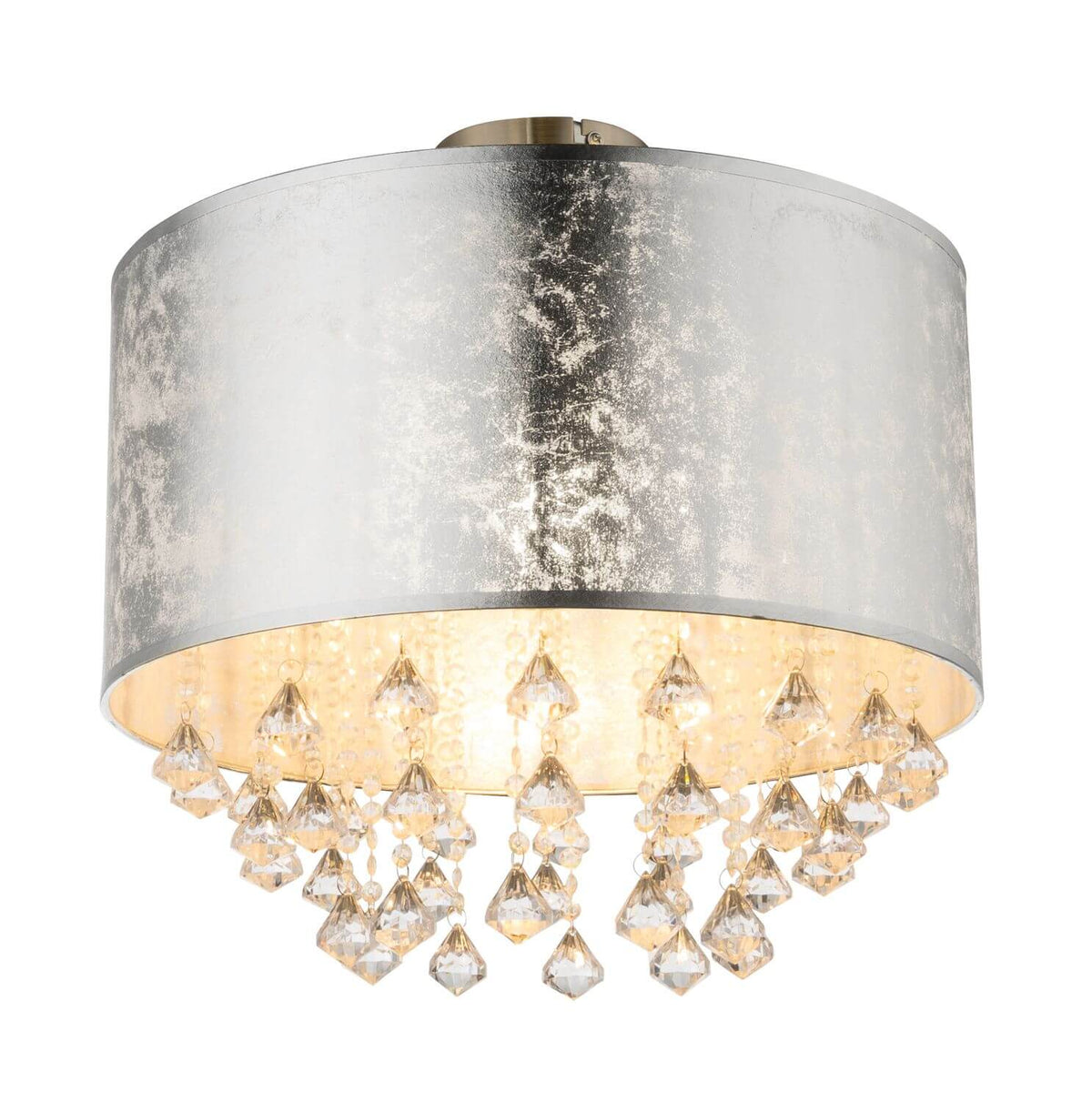 Plafonnier cylindrique en verre argenté martelé avec pendentifs en cristal taillé