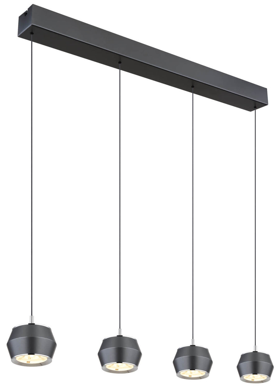 Vue en perspective du luminaire montrant le bandeau et les quatre suspensions fines