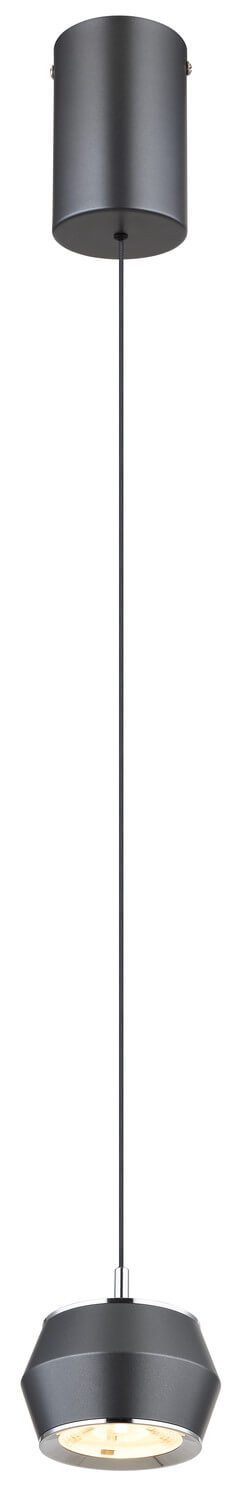 Vue en pied du luminaire suspendu, abat-jour cylindrique et câble fin.