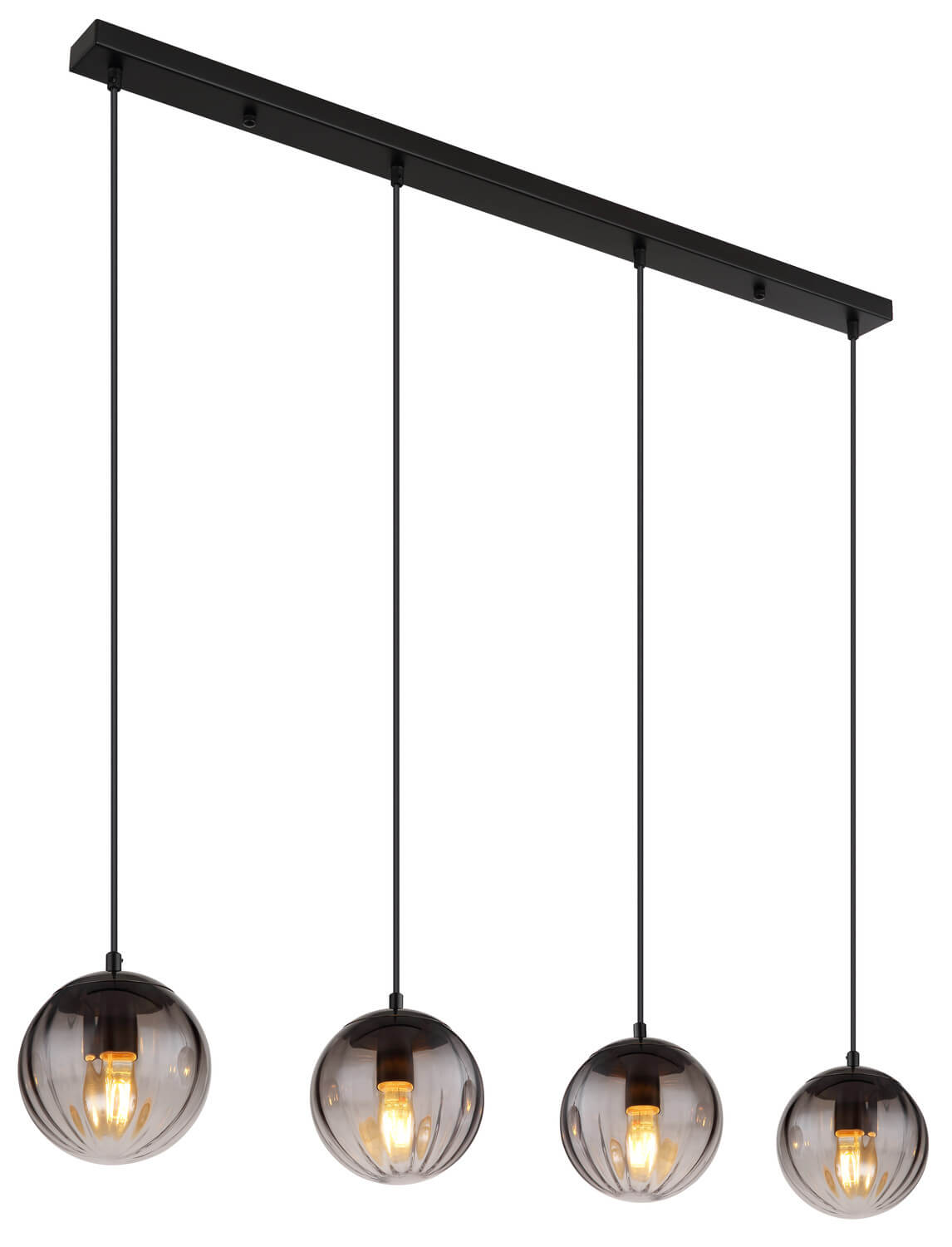 Vue en biais du luminaire complet, barre noire et quatre globes fumés alignés
