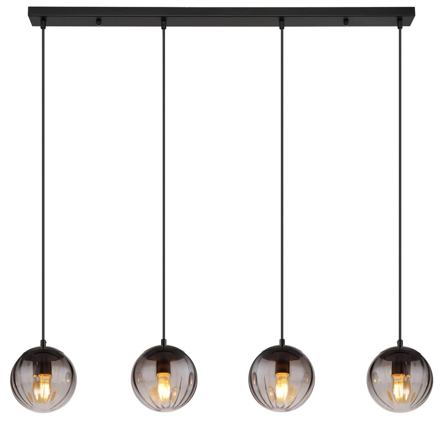 Produit de face, les quatre globes fumés suspendus à égale distance sur la barre