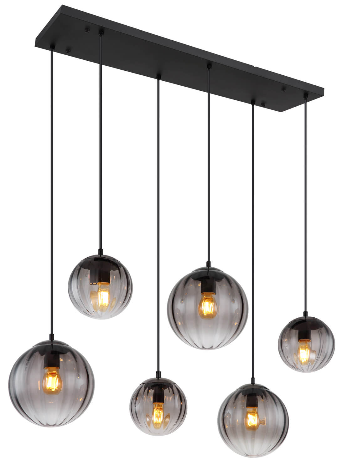Vue de trois quarts du luminaire noir mat et de ses six globes transparents.