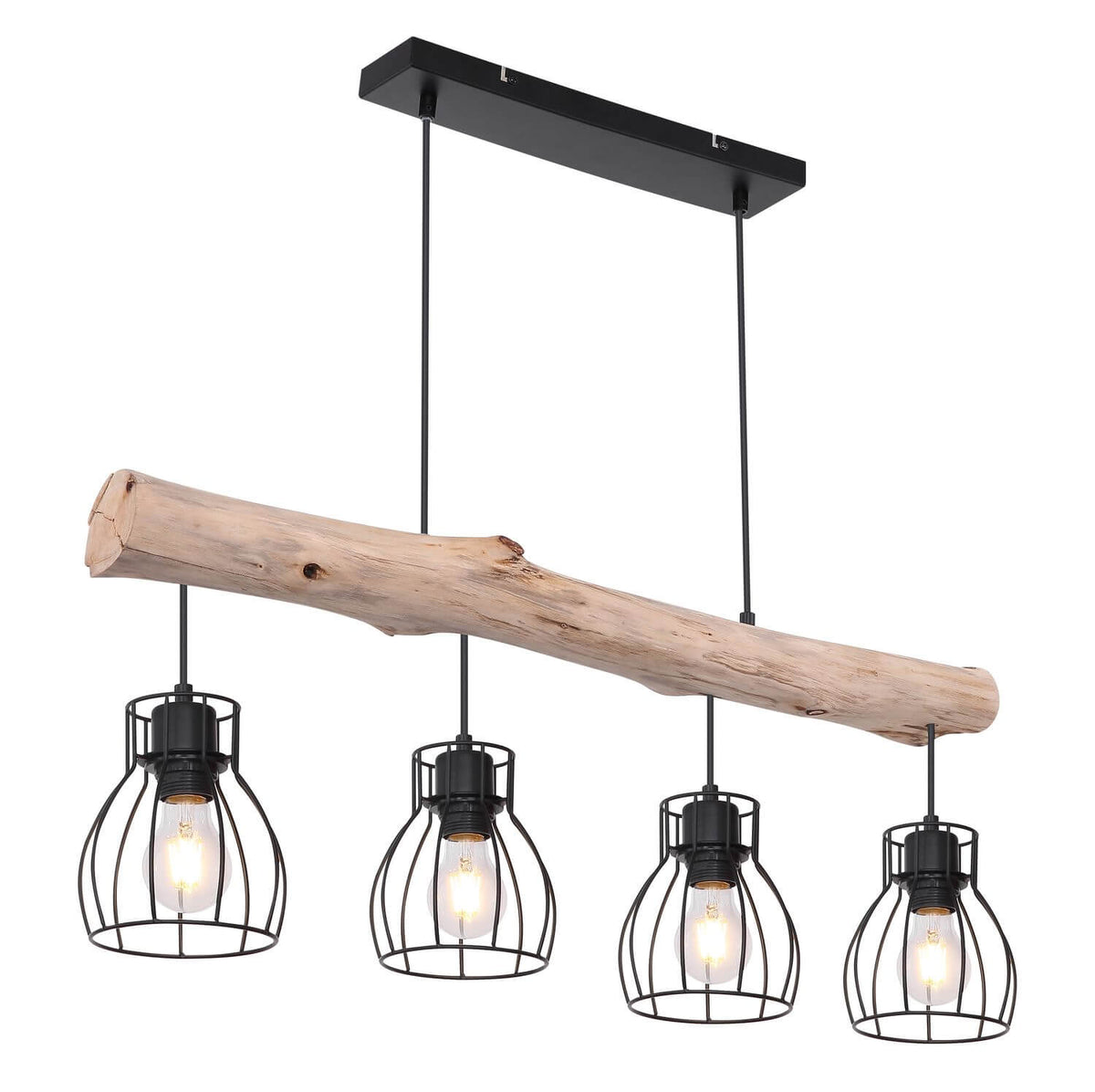 Suspension complète à quatre cages métalliques noires fixées sous une poutre en bois clair
