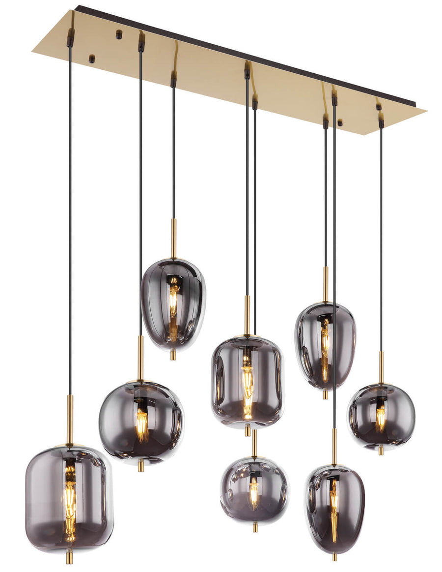 Vue de face du luminaire suspendu avec huit globes en verre fumé