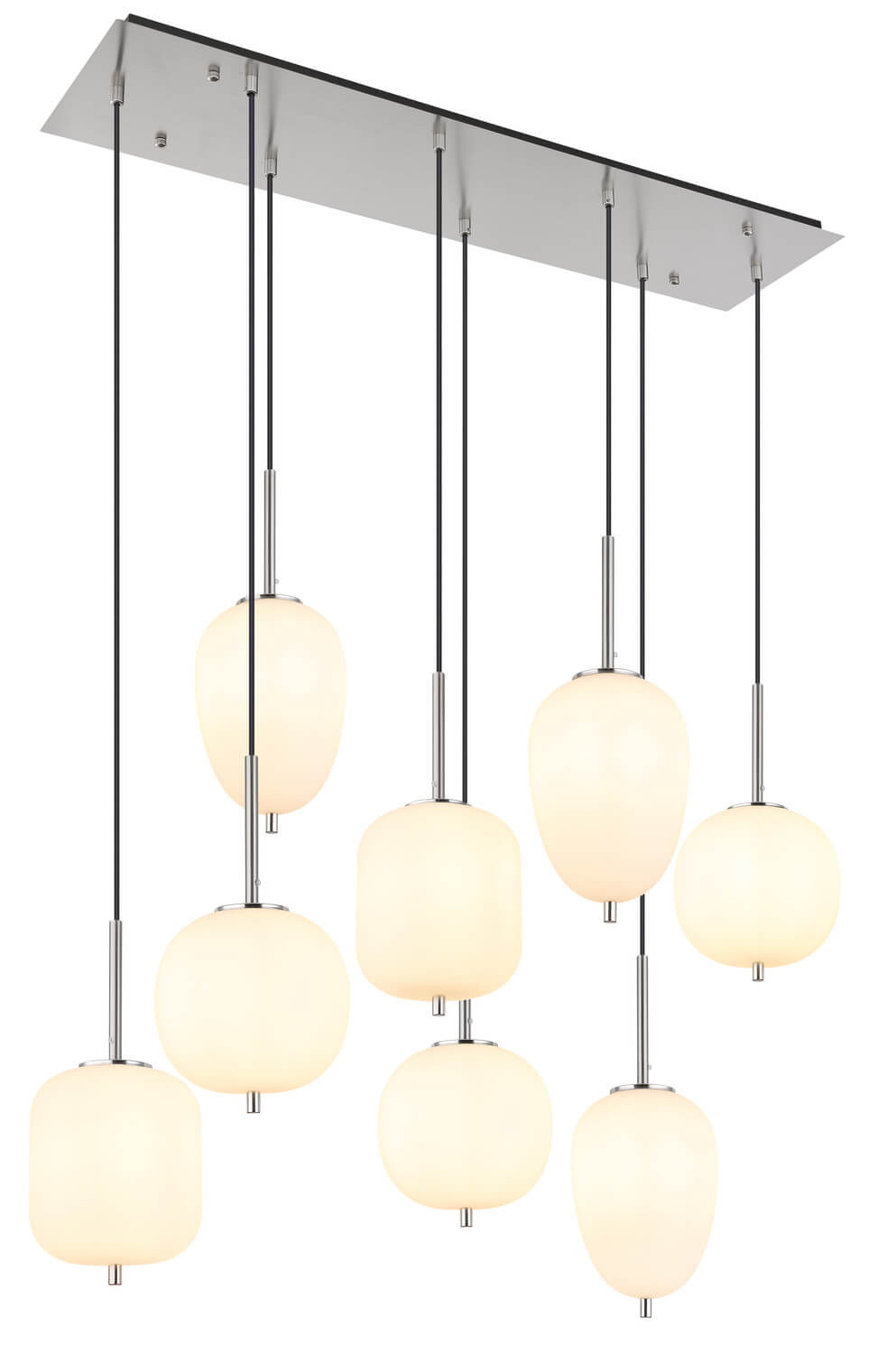 Suspension présentée de trois quarts avec ses huit diffuseurs blancs suspendus à hauteurs variées