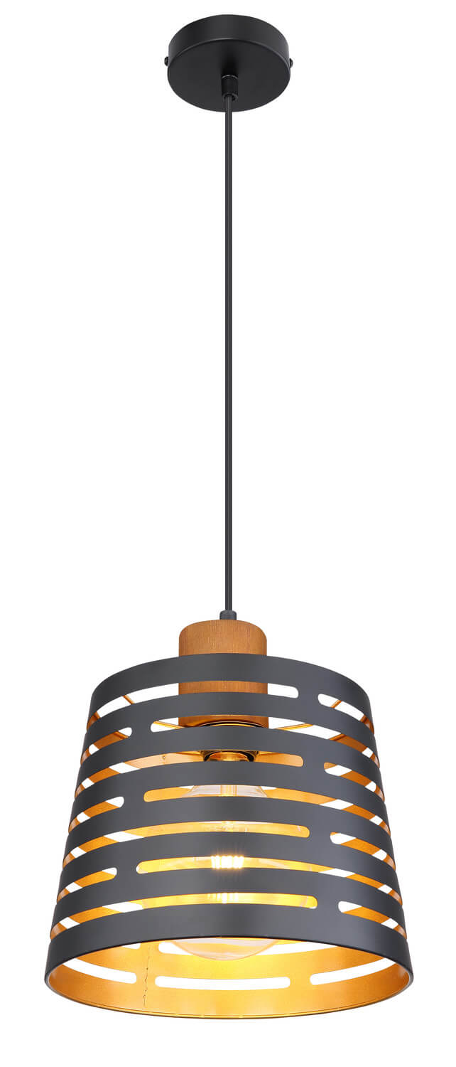 Vue d'ensemble du luminaire montrant l'abat-jour conique et le détail bois