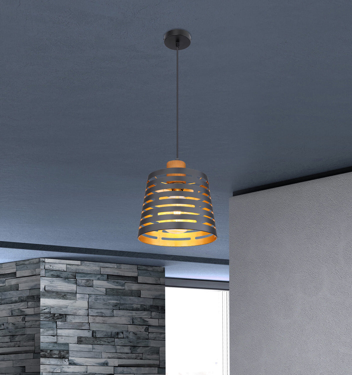 Mise en ambiance du luminaire suspendu dans un intérieur gris contemporain