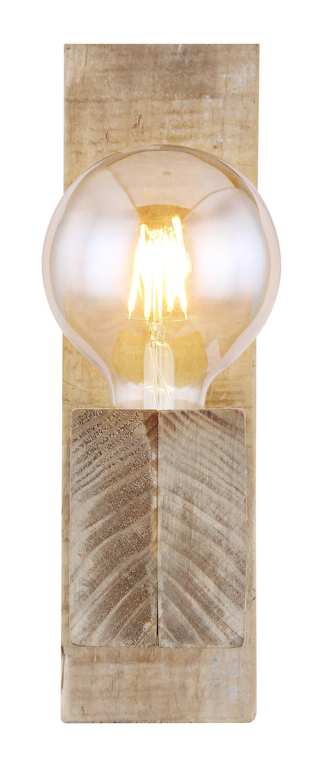 Vue de face centrée, ampoule ronde posée sur le bloc de bois vertical