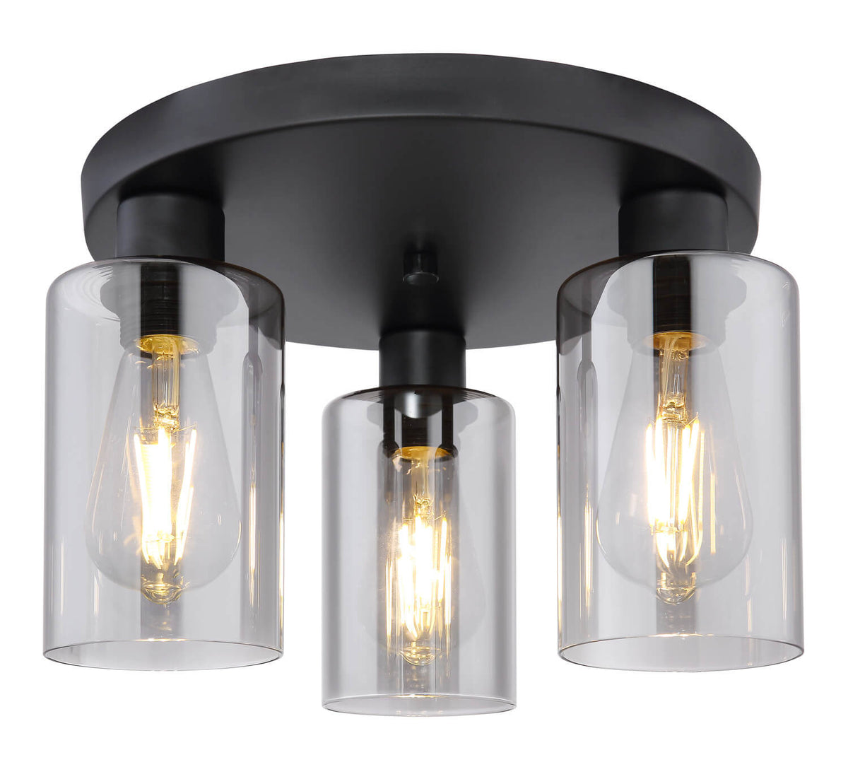 Plafonnier noir mat à trois cylindres de verre transparent, ampoules allumées, vue de face