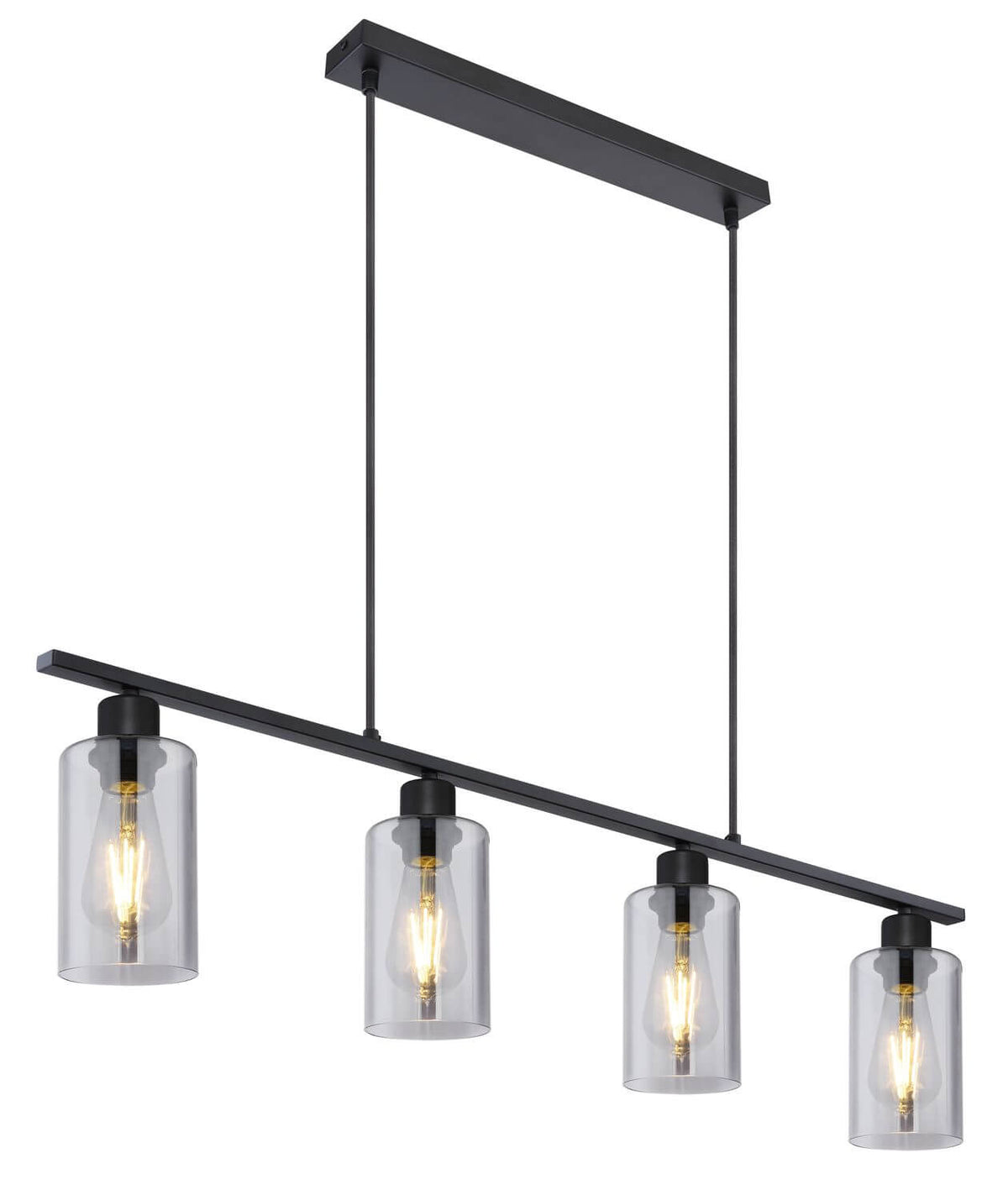 Variante noire mate de la suspension linéaire avec quatre luminaires cylindriques en verre transparent.